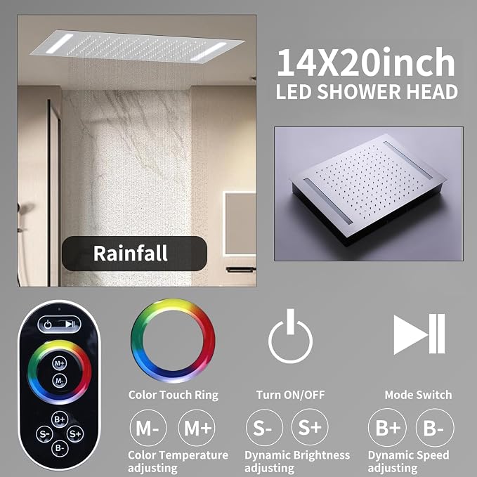 Shower System Brushed Nickel Temperature Display Shower Faucet Set, 14X20 inch - Image 3