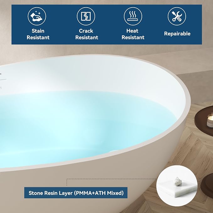 FerdY Lamu 63" Stone Resin Freestanding Bathtub, Gracefully Shaped Freestanding - Image 4