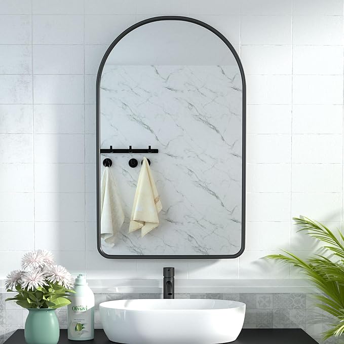 Arched Medicine Cabinet with Mirror, 20x31 Inch Black Recessed Bathroom Cabinet - Image 7