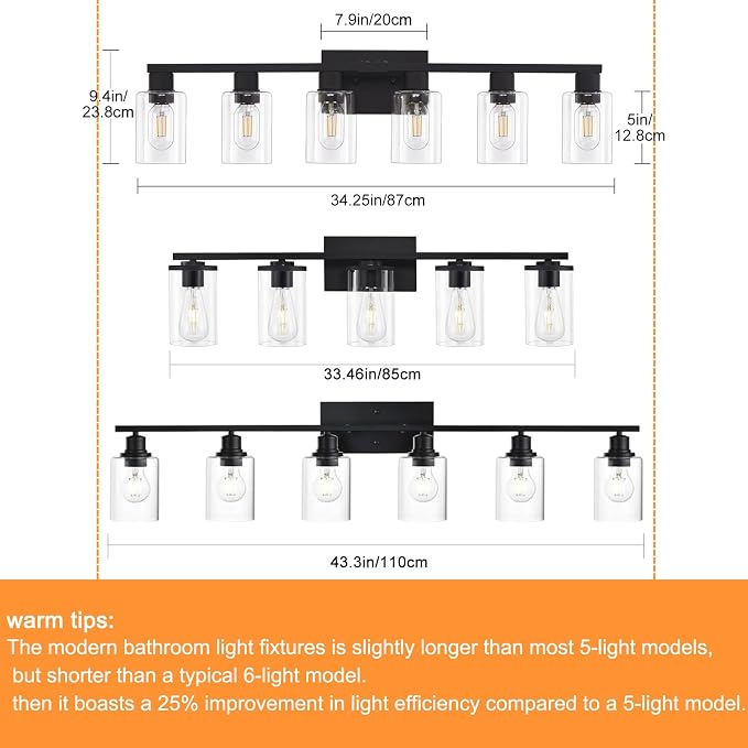 Black Bathroom Light Fixtures, 6-Light Bathroom Lighting Fixtures Over Mirror - Image 5