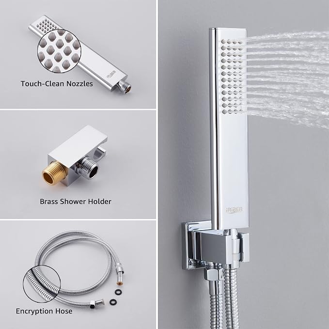 Iriber 12 Inch Bathroom Shower System Polish Chrome Wall Mounted Square Mixer - Image 4