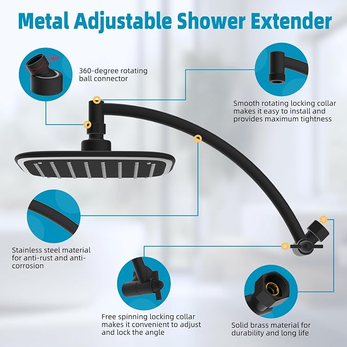 Rain Shower Head with 12" Shower Head Extension Arm, Metal Shower Arm Extender - Image 3