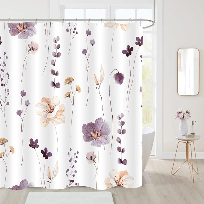 Gibelle Watercolor Floral Shower Curtain, Plum Beige Flower Shower Curtain - Image 2