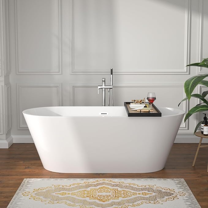 63 Inch Freestanding Bathtub White Acrylic Roll Top Soaking Tub by Yurshen
