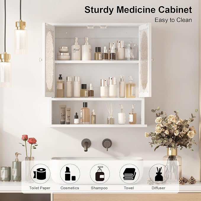 Medicine Cabinet for Bathroom, 2 Acrylic Doors White Oval Bathroom Wall Cabinet - Image 4