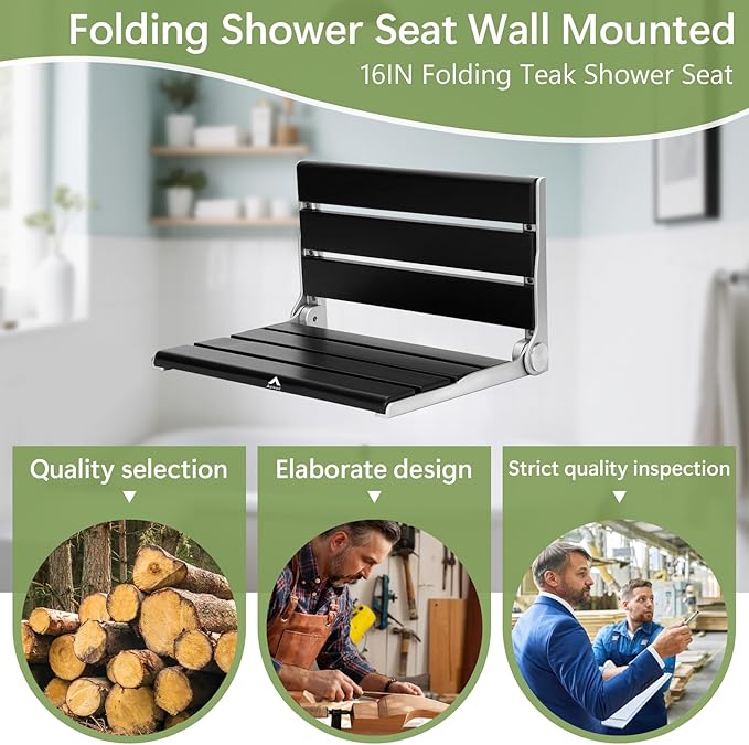 Wall Mounted Shower Seat - 16IN Teak Fold Down Shower Seat - Image 7