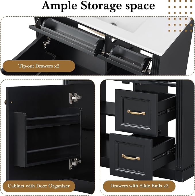 36 in Bathroom Vanity with Sink, Drawers and Flip-Out Drawers, Modern Solid - Image 6