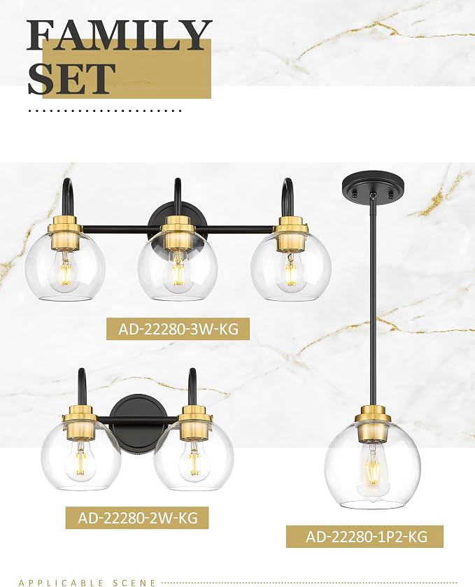 Bathroom Light Fixtures, 2-Light Black and Gold Vanity Lights - Image 7