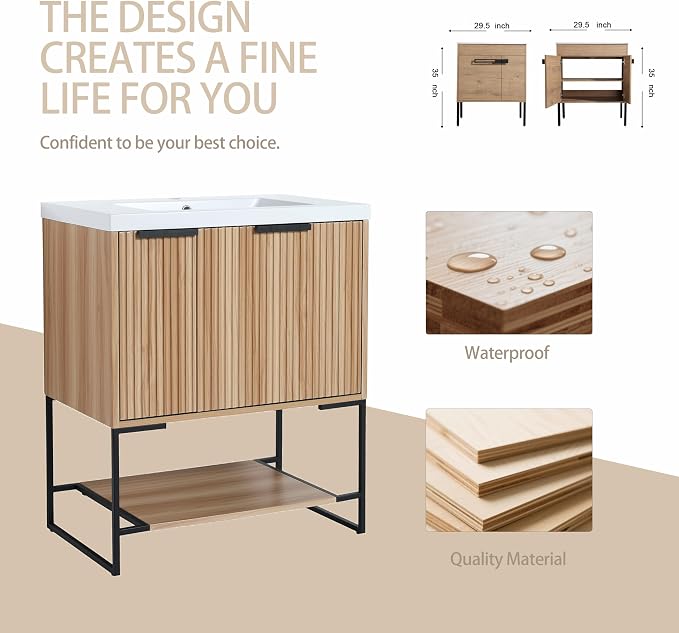 30 inch Bathroom Vanity with Resin Sink, Single Sink Modern Mid Century - Image 2