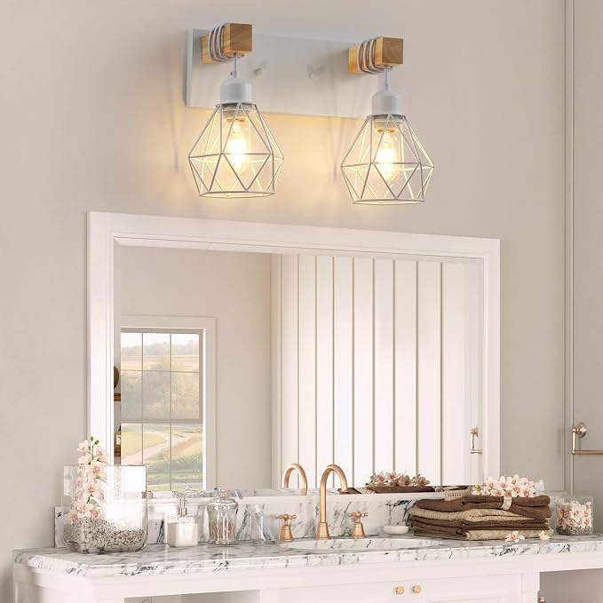 Farmhouse Vanity Light for Bathroom, 2-Light White Wood Bathroom Vanity Light - Image 9
