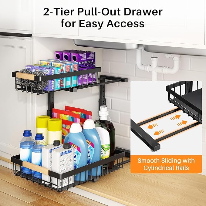 PXRACK 2 Pack Under Sink Organizer, Adjustable Height, 2 Tier Pull Out Under - Image 3