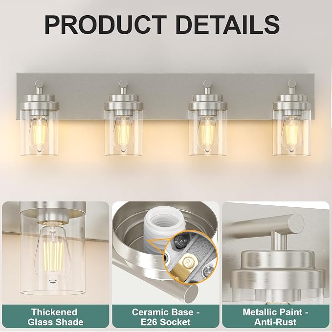 IZORRO Bathroom Vanity Light Fixture, 4-Light 27.5 Inch Brushed Nickel Bathroom - Image 3