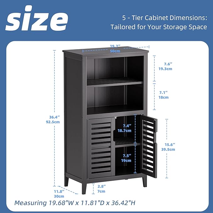 HITNET Black Bathroom Storage Cabinet, Freestanding Bamboo Floor Cabinet 5 Tier - Image 3