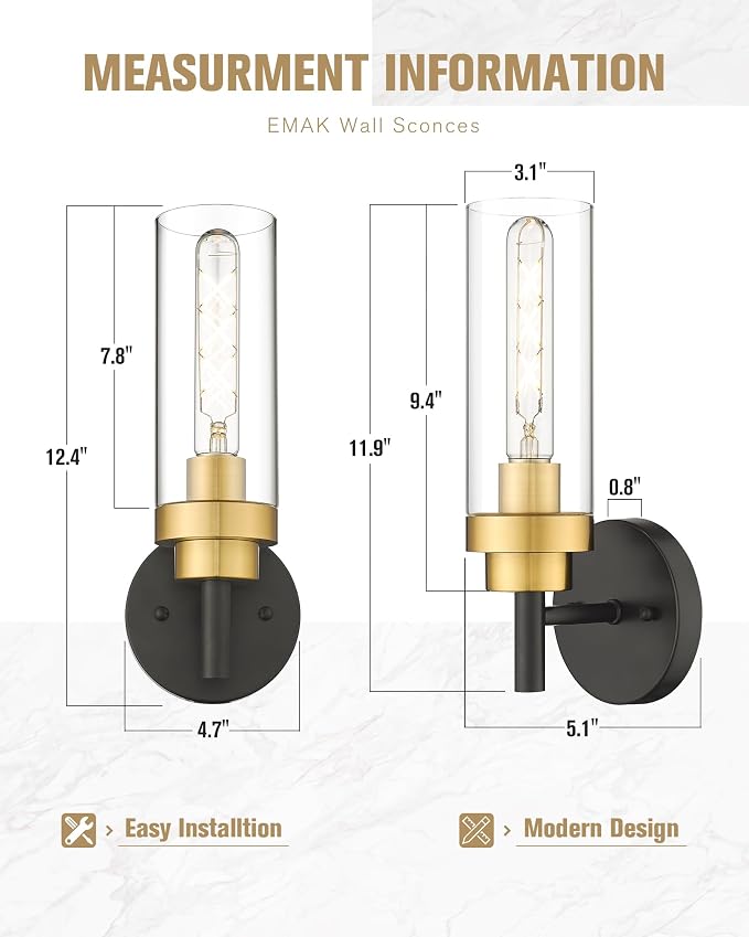 Emak Black and Gold Sconces Wall Decor Set of 2, Bathroom Vanity Light - Image 4