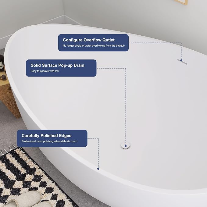 SJ STAR&JANE 71" Solid Surface Freestanding Bathtub, Oval Soaking Stone Resin - Image 5