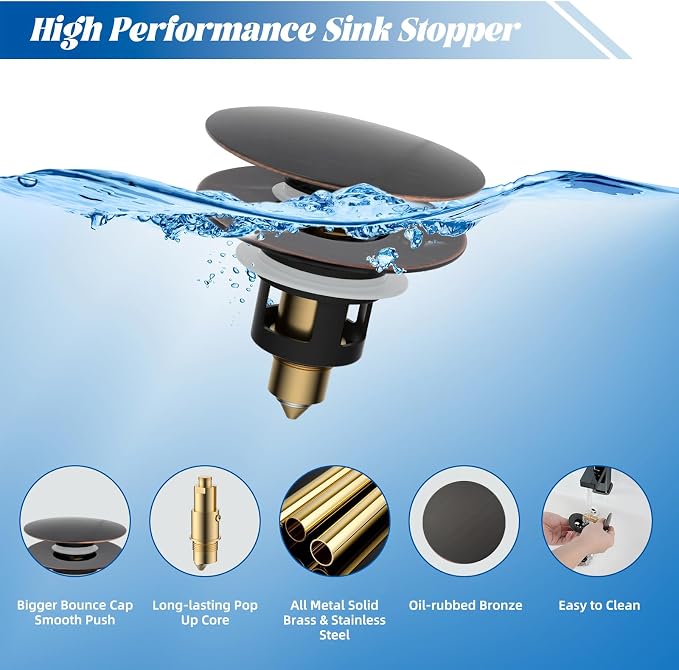 Hibbent 2 Pack All Metal Upgraded Bathroom Sink Stopper, Universal Pop Up Sink - Image 2