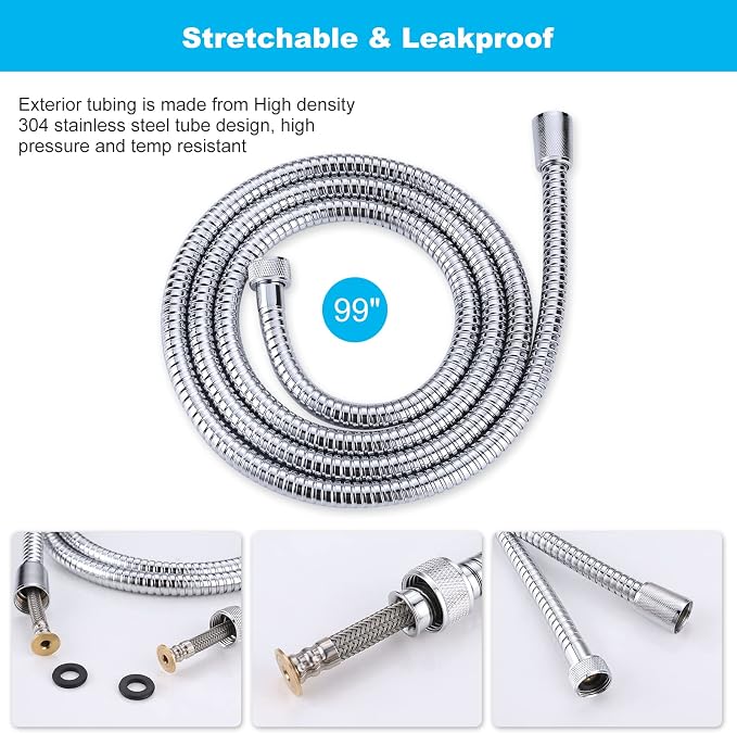 Aleasha Chrome Finished Shower Hose, 99 Inches Extra Long Shower Hose Attachment - Image 2