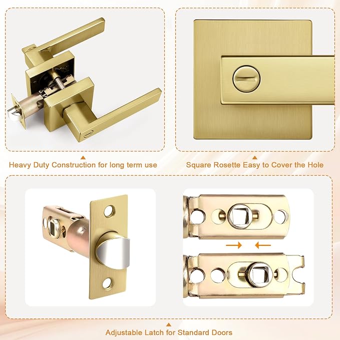 Probrico Heavy Duty Flat Gold Door Handles Square Privacy Interior Door Levers - Image 5