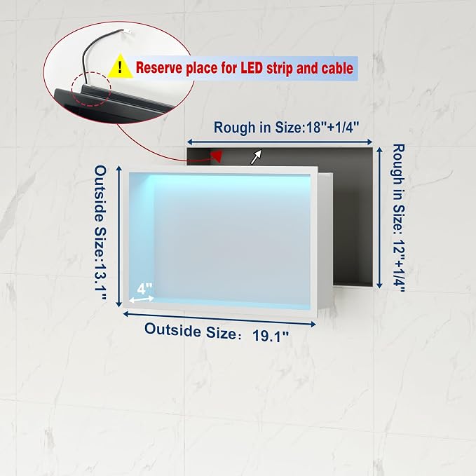 White Stainless Steel Shower Niche 18x12Inch, Dimmable RGB Led Light Wall Niche - Image 3