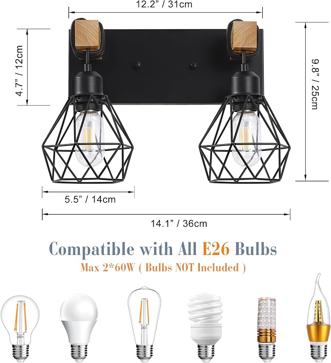 Farmhouse Vanity Light for Bathroom, 2-Light Wood Bathroom Vanity Light - Image 3