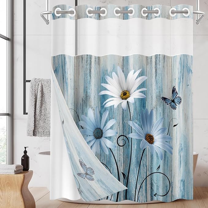 No Hook Blue Daisy Shower Curtain by Nesphy