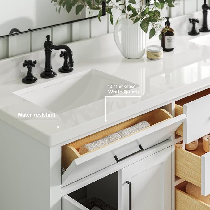 ARIEL 73" White Double Vanity, 1.5" Edge Pure White Quartz Countertop & Splash - Image 3