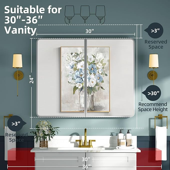 Bathroom Medicine Cabinet with Mirror 24x30Inch, Mirrored Cabinets with Sturdy - Image 2