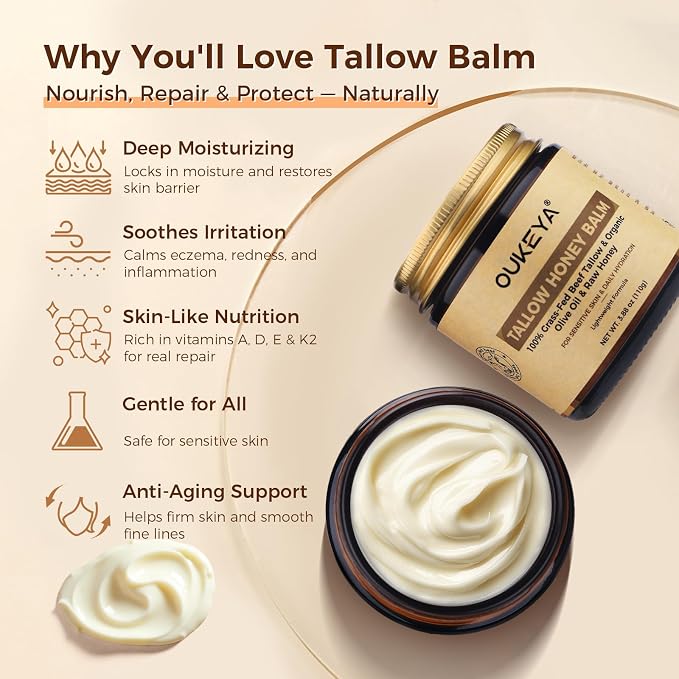 OUKEYA Beef Tallow for Face Nourishing Tallow & Honey Cream for Deep Hydration - Image 2