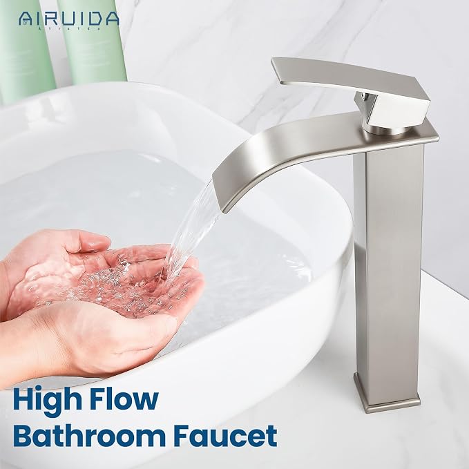 Airuida Vessel Sink Faucet Brushed Nickel, Tall Waterfall Bathroom Single - Image 2