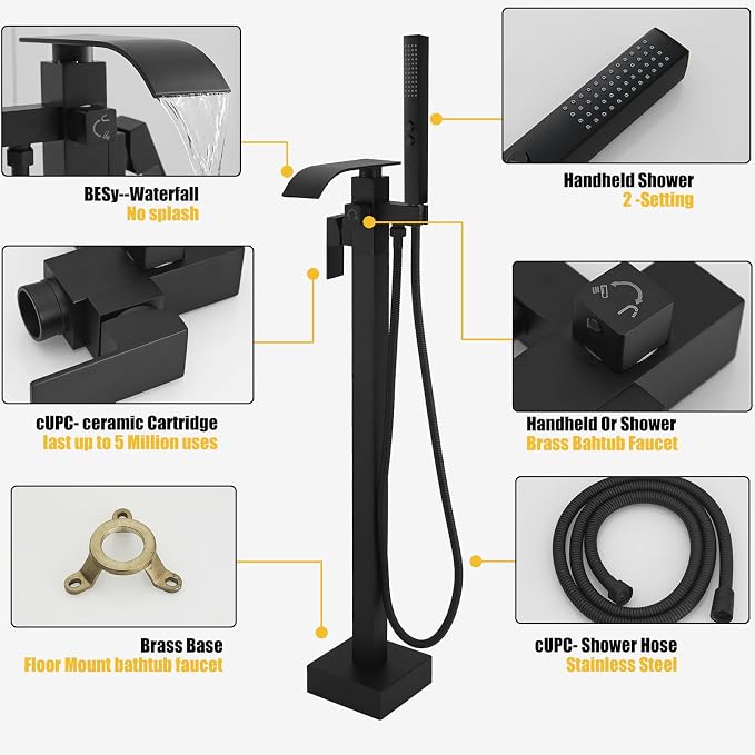 BESy Tub Filler Freestanding Bathtub Faucet Matte Black Floor Mount Tub Faucet - Image 3