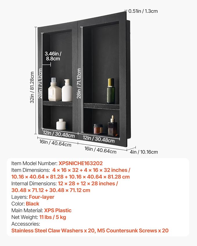 VEVOR Shower Niche, 16 x 32 inch + 16 x 32 inch Recessed Wall Niche - Image 3