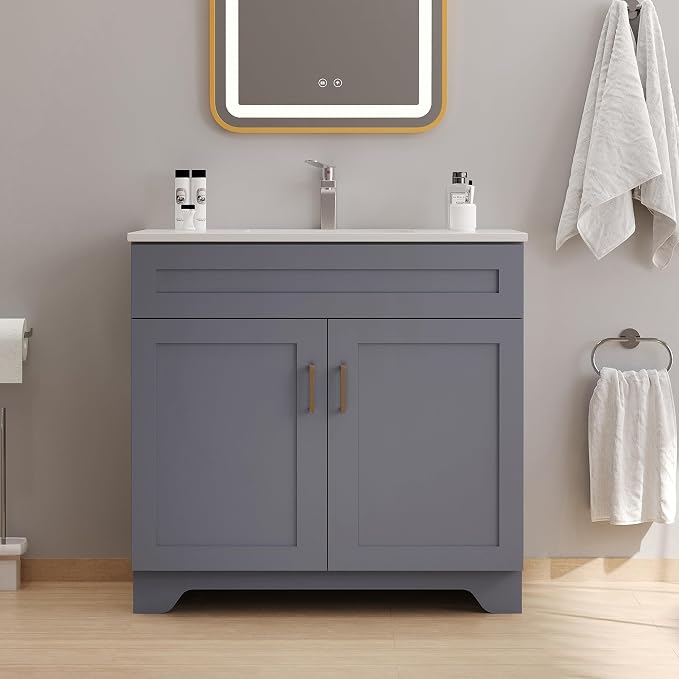 Bathroom 36" Vanity with Ceramic Sink, Wooden Double Door Bathroom Storage - Image 2