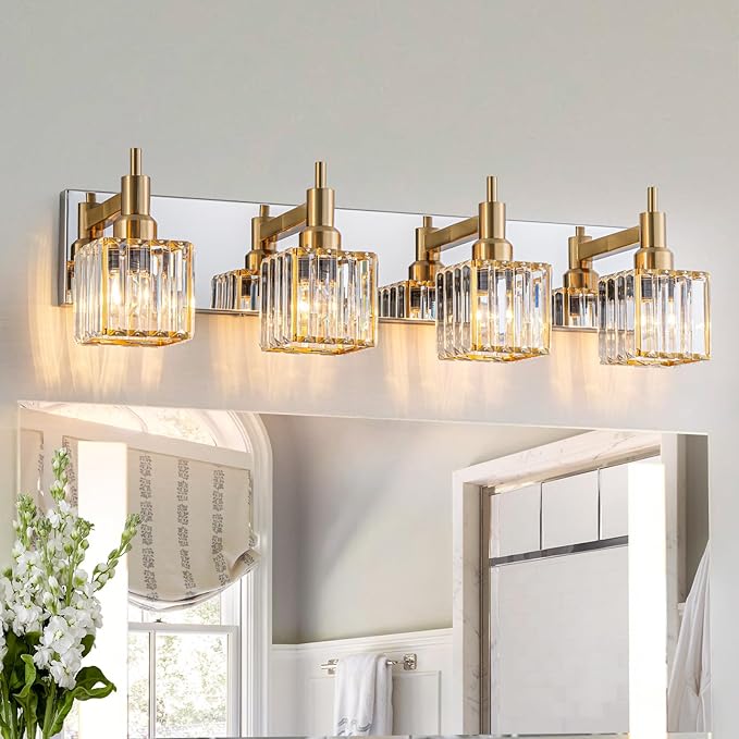 Crystal Bathroom Light Gold Chrome 4-Light Modern Bathroom Vanity Fixtures Over by HUOKU