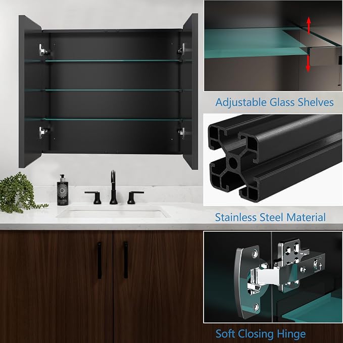 Bathroom Medicine Cabinet with 30"x26" Black Stainless Steel Framed Mirror - Image 5