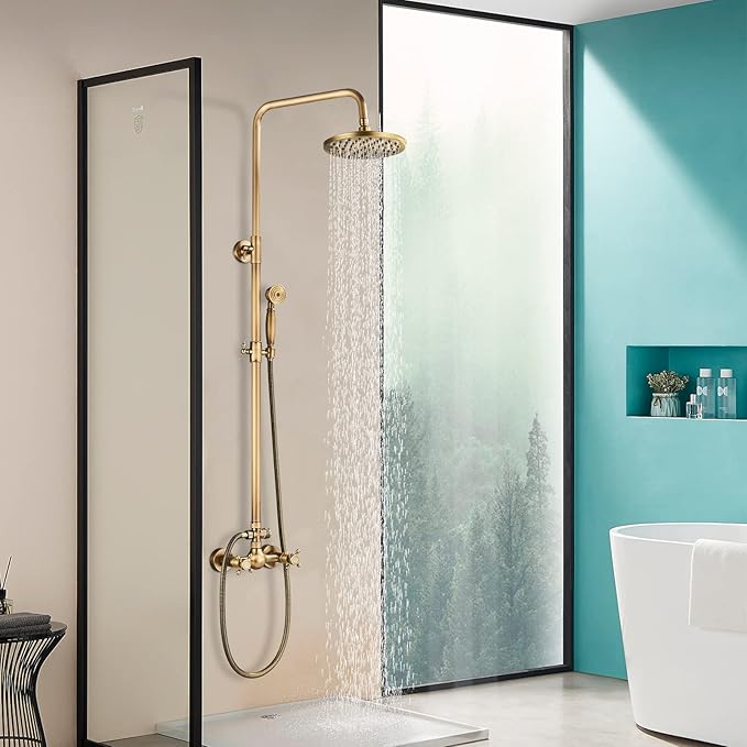 NeierThodore Antique Brass Bathroom Shower Faucet System Set 8 Inch Rainfall - Image 4