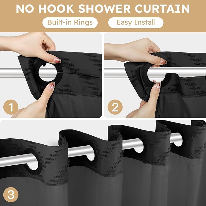 No Hook Shower Curtain and Snap in Liner Set Black Tufted Chevron Striped Cloth - Image 2