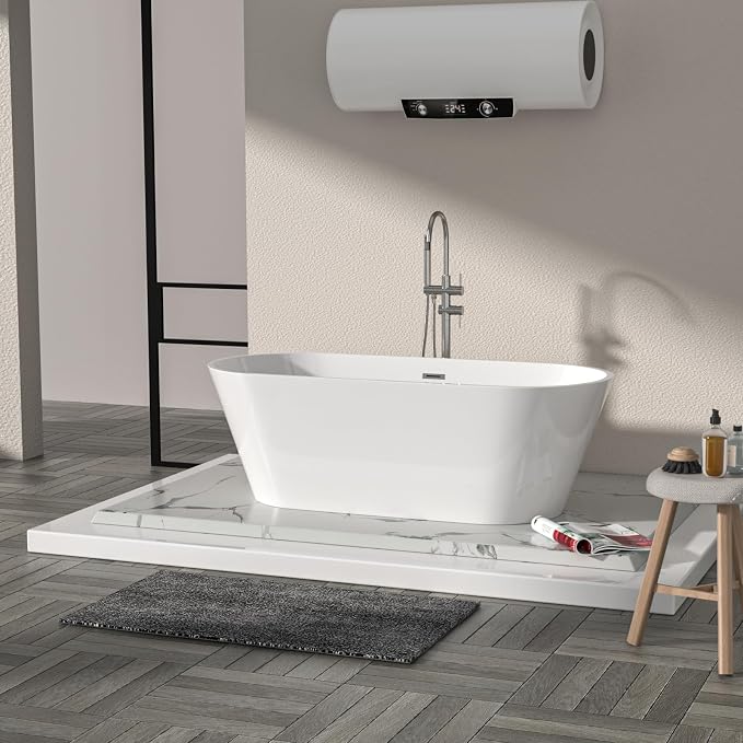 Logmey 63" White Acrylic Freestanding Bathtub Oval Shape Soaking Tub - Image 9