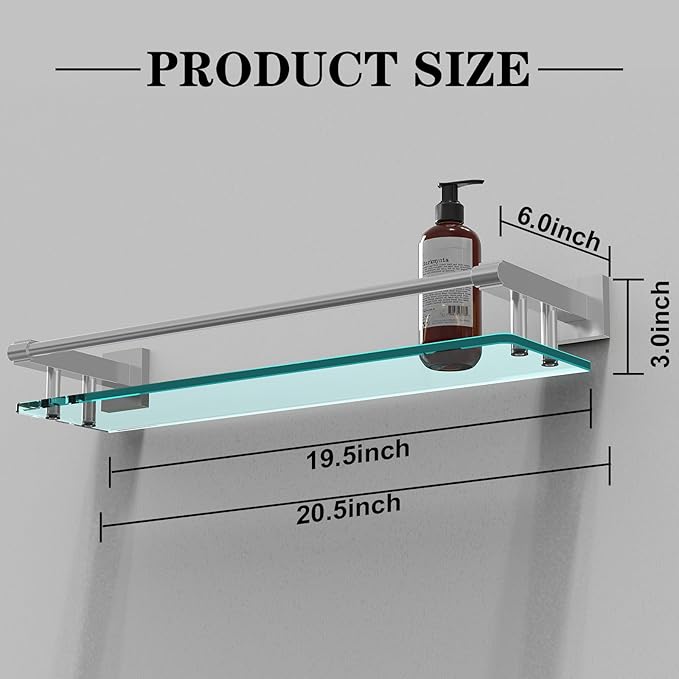 20 Inches Glass Shelf for Bathroom, Brushed Nickel Glass Shelves for Wall - Image 2