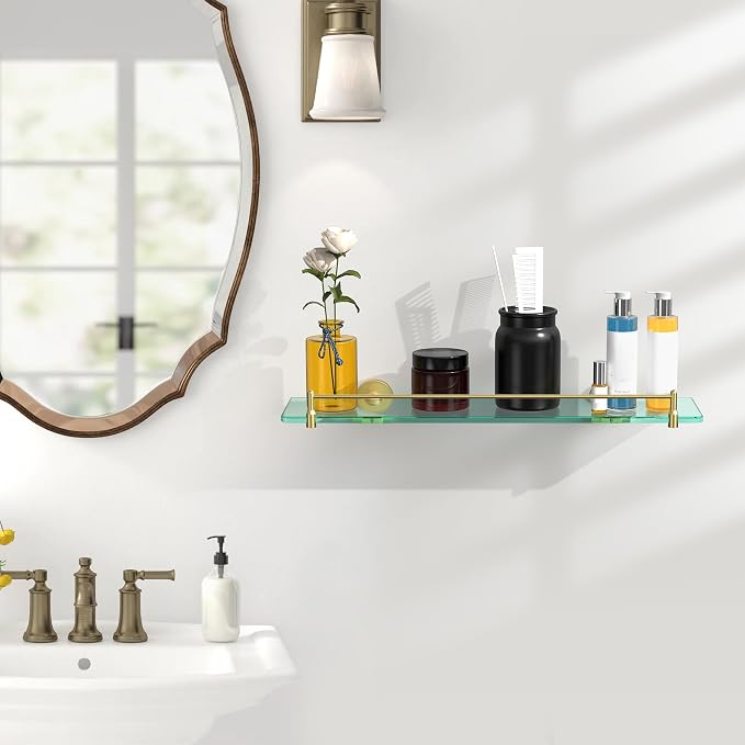 20 Inches Glass Shelves for Bathroom, Brushed Gold Floating Glass Shelf - Image 2
