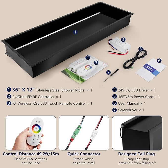 36" X 12" RGB LED Shower Niche No Tile Needed, 304 Stainless Steel Shower Niche - Image 6