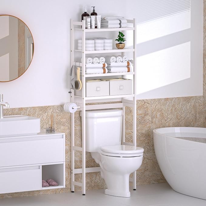 Over The Toilet Storage with 2 Baskets, 4-Tier Bamboo Organizer Rack with Paper - Image 7