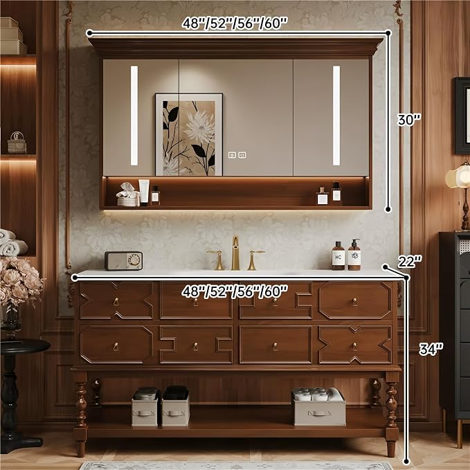Solid Wood Bathroom Vanity 52Inch, Freestanding Bathroom Vanity Includes LED - Image 2