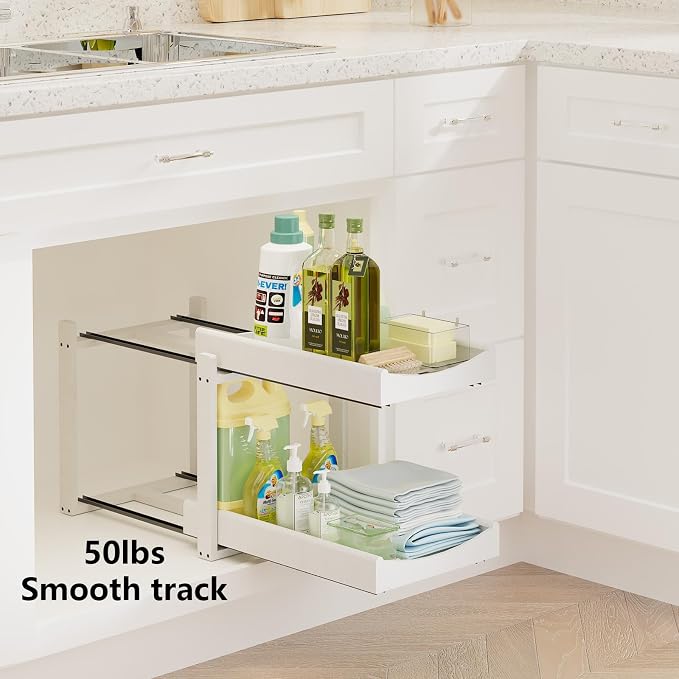 Bamboo Under Sink Organizer Adjustable Height 2 Tier Bathroom Organizer Pull - Image 3