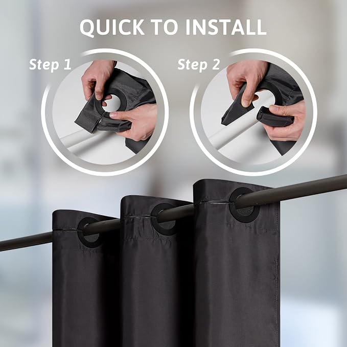 Furlinic No Hooks Needed Black Shower Curtain or Liner, Polyester Fabric - Image 2