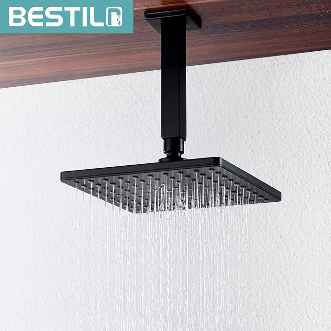 BESTILL 6 Inch Matte Black Ceiling Mount Shower Arm and Flange, Square Rain - Image 4