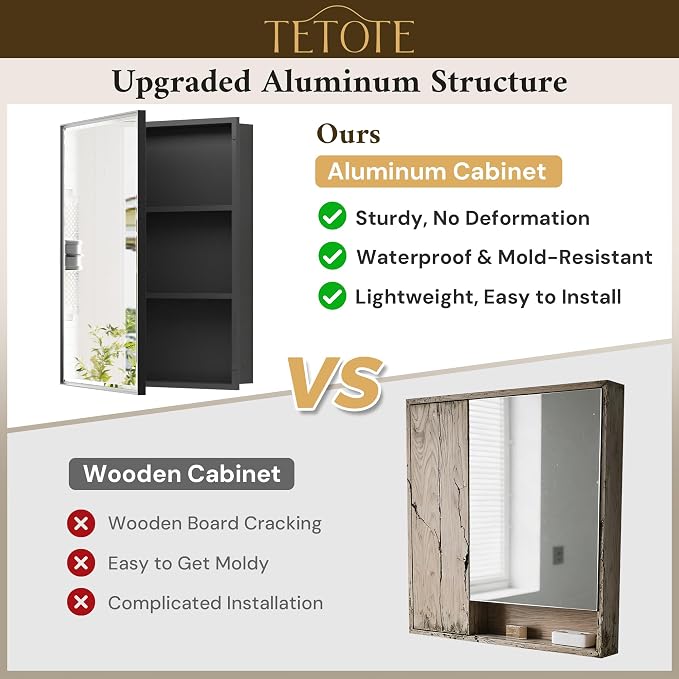TETOTE 48" x 30" Medicine Cabinet Black Bathroom Mirror - Image 4