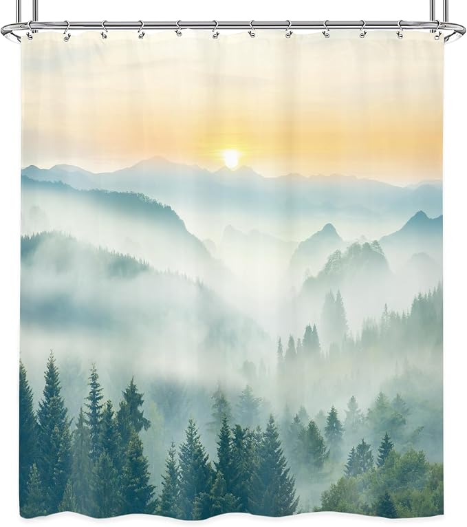 Riyidecor Misty Mountain Shower Curtain 60Wx72H Inch Green Spring Scenery - Image 6