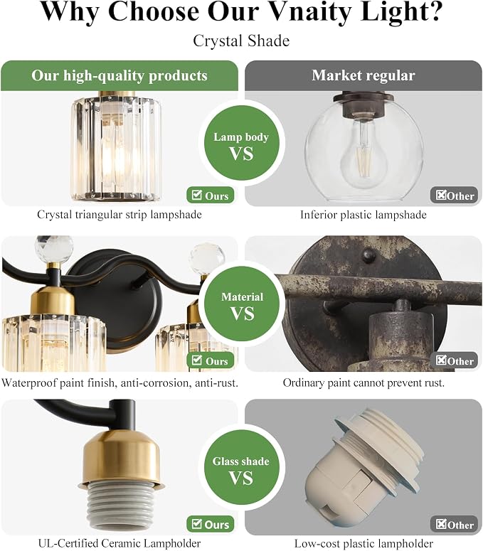 Modern Crystal Bathroom Vanity Light, Balck and Gold 4-Lights Bathroom Light - Image 6