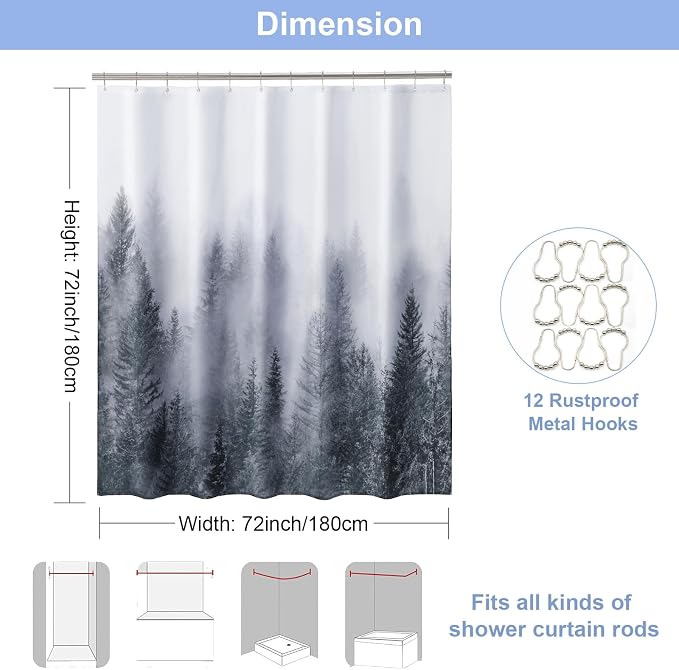 ORTIGIA Grey Shower Curtain for Bathroom, Misty Forest Shower Curtain Set - Image 2