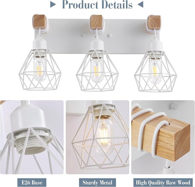 Farmhouse Vanity Light for Bathroom, 3-Light White Wood Bathroom Vanity Light - Image 3